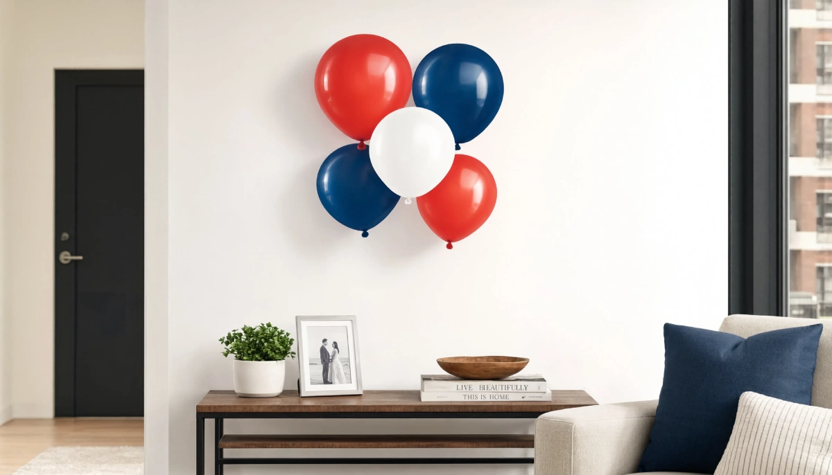 Cluster of red white and blue balloons floating above a wooden console table in a modern living room.
