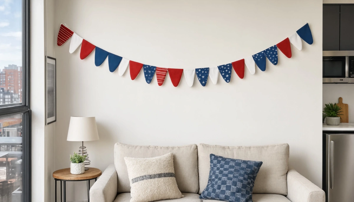 Patriotic bunting hanging above a beige sofa in a modern living room. 