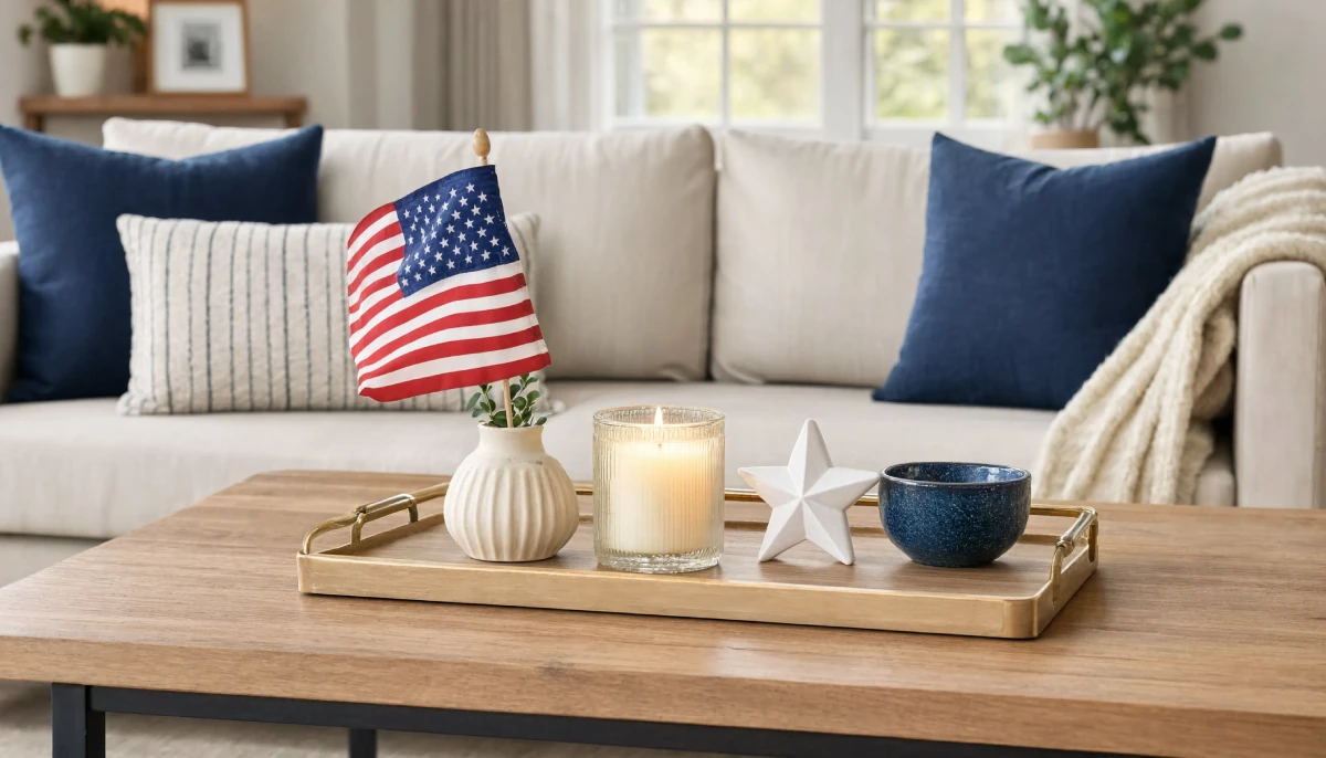 Patriotic coffee table tray with American flag, candle, and star decor.