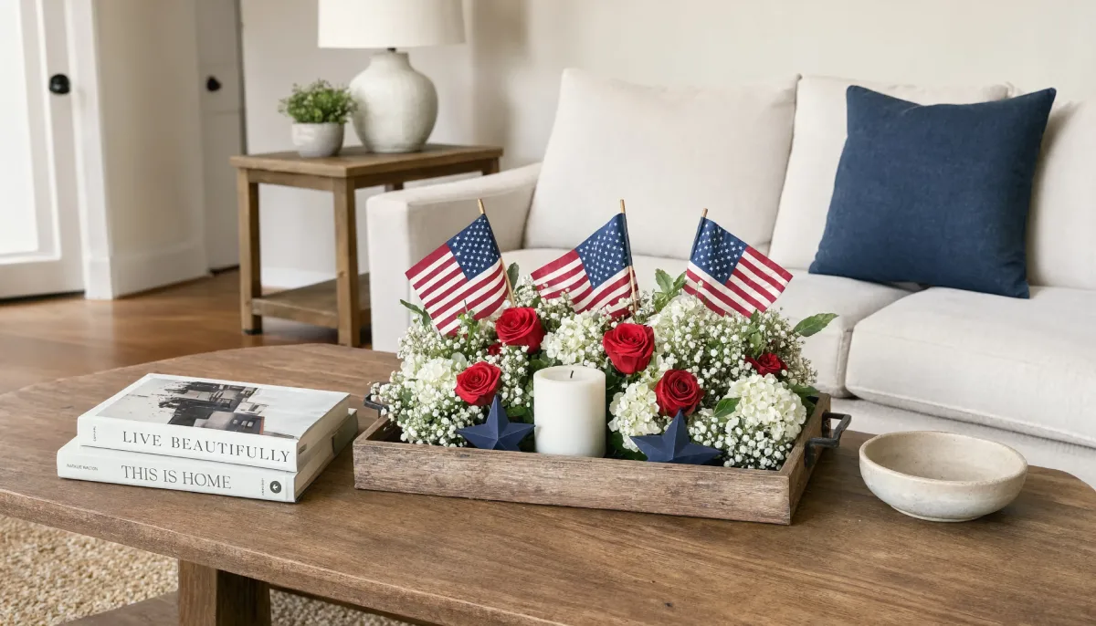 A rustic wooden tray on a coffee table holds a floral arrangement of red roses and white hydrangeas with small American flags and blue stars.