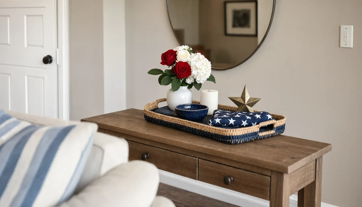 A wooden console table features a woven tray holding red roses, white hydrangeas, a candle, and gold star decor.