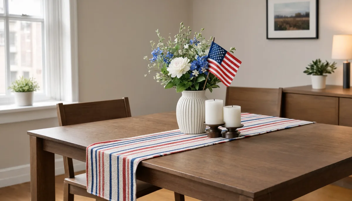 Patriotic dining table setting with striped runner, floral arrangement, American flag, and candles.