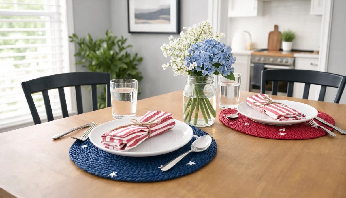 Patriotic table setting with star placemats, striped napkins, and a floral centerpiece.