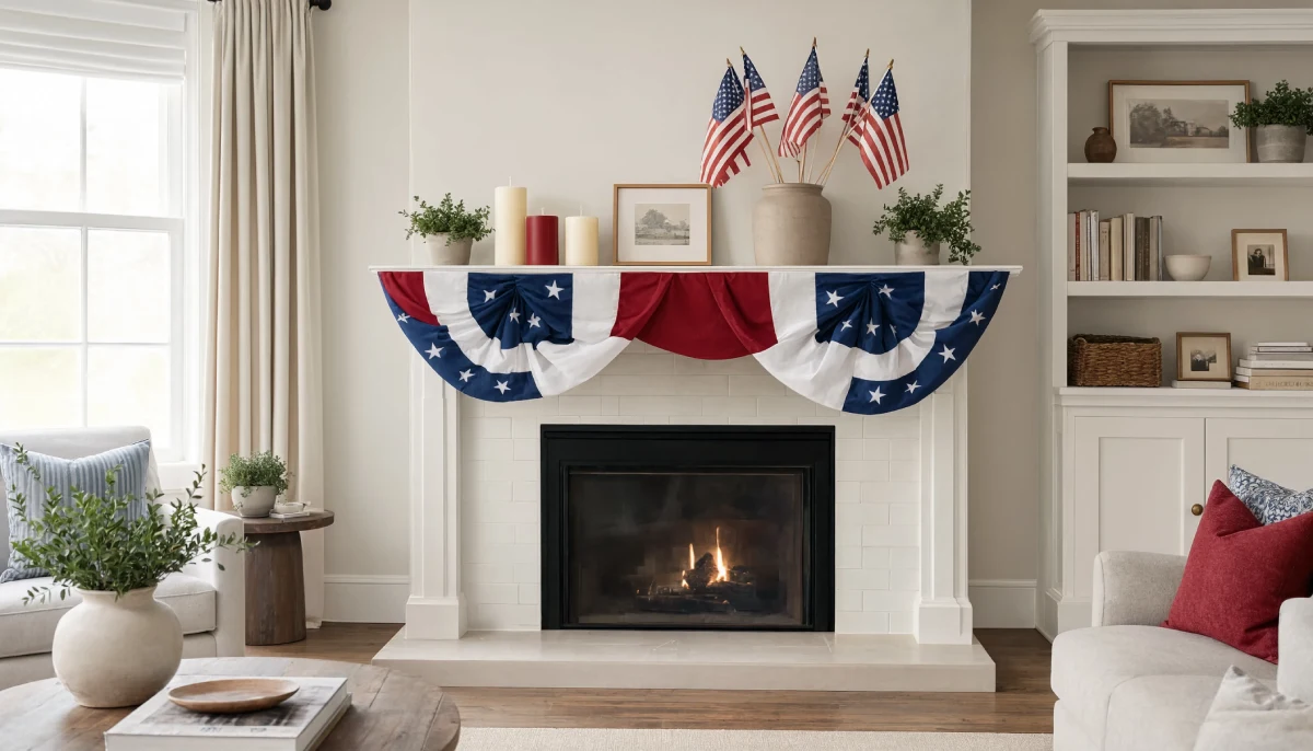 A white fireplace mantel is draped with red, white, and blue bunting and topped with pillar candles, plants, and a vase of small American flags in a living room with a lit fire.