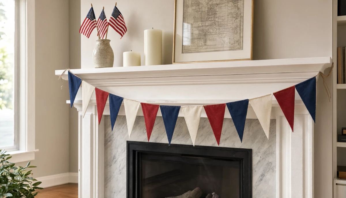 A white fireplace mantel is draped with red, white, and blue triangular bunting and topped with small American flags and pillar candles.