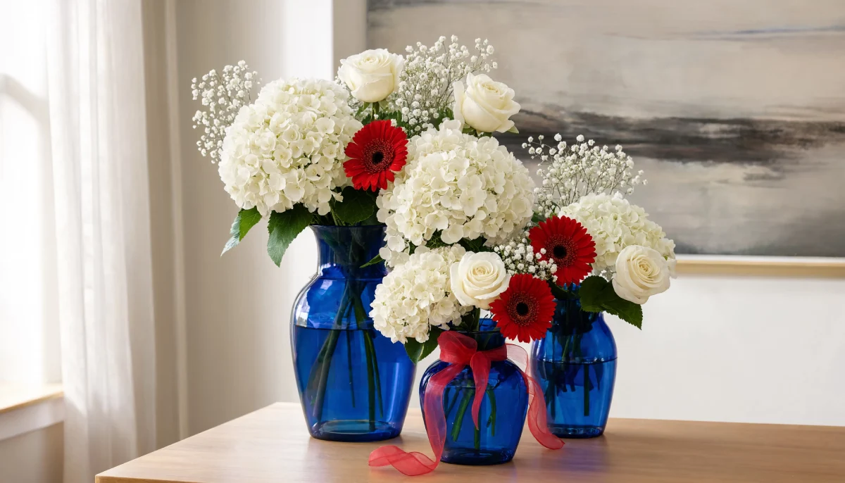 Red white and blue floral arrangements in cobalt blue glass vases with hydrangeas roses and gerbera daisies.