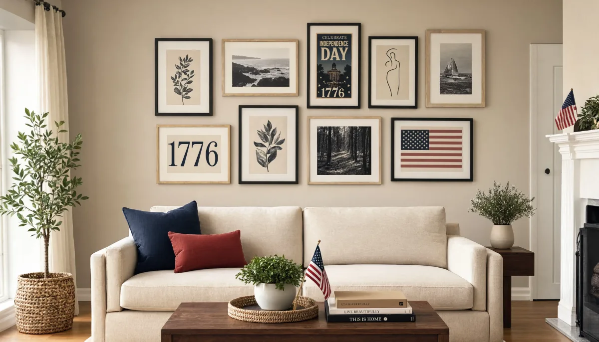 A beige sofa with navy and red pillows sits below a gallery wall featuring 1776 prints, botanical art, and an American flag.