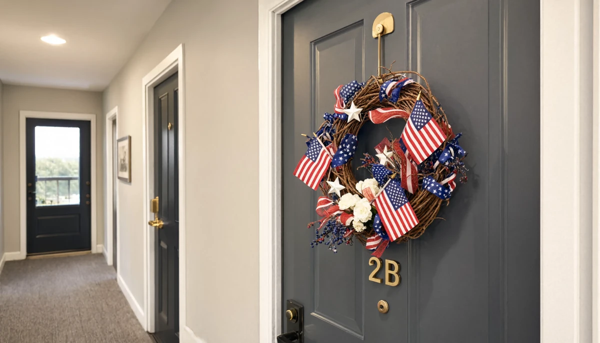 Patriotic wreath with American flags and stars hanging on a gray apartment door.