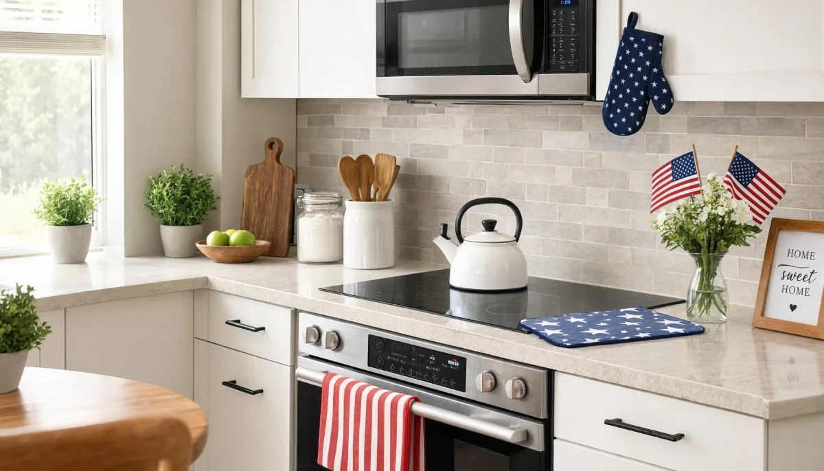 Modern kitchen counter decorated with patriotic red white and blue accessories including flags and towels.