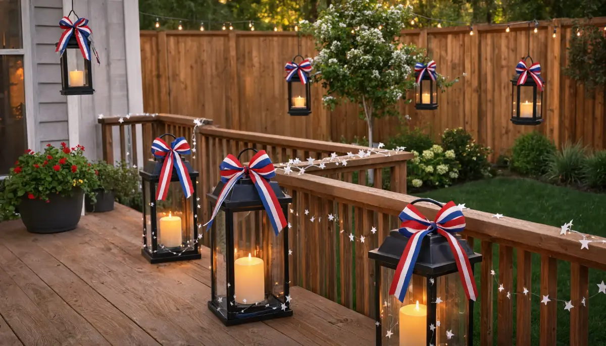 Wooden deck decorated with black lanterns featuring red white and blue bows and star garland.
