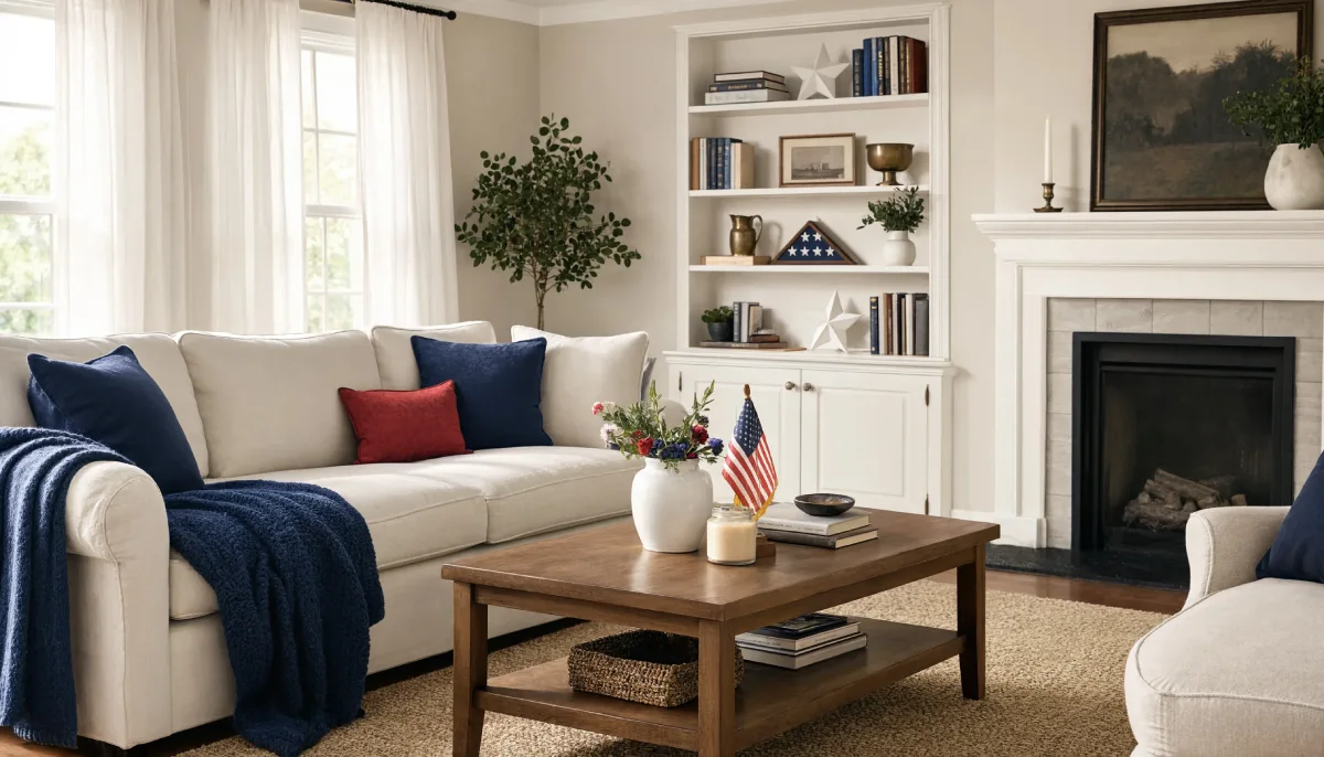 A bright living room features a cream sofa with navy pillows and a throw blanket, centered around a wooden coffee table displaying a small American flag, flowers, and a candle near white built-in shelves.