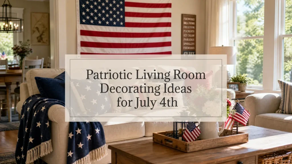 Cozy living room with patriotic 4th of July decor: red, white, and blue pillows and flag accent