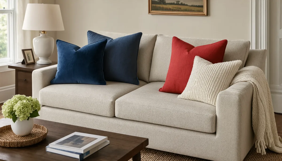 A beige sofa features navy blue and red throw pillows with a cream knit blanket, set in a living room with green hydrangeas on a coffee table.