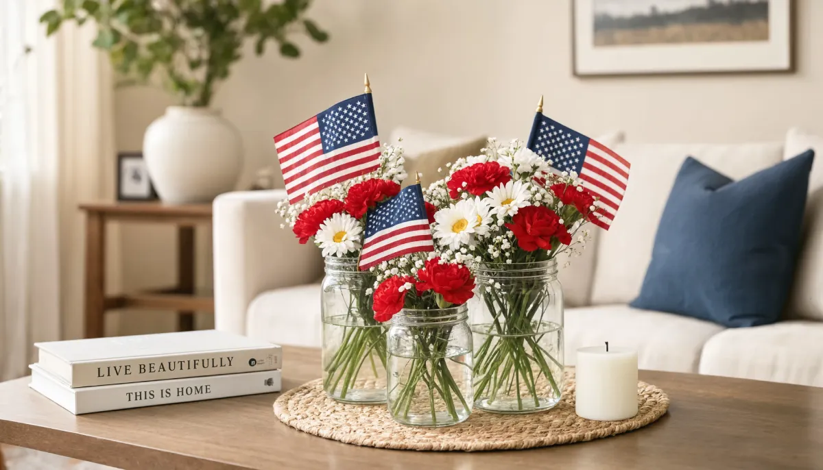 Three mason jars filled with red carnations, white daisies, and small American flags sit on a wooden coffee table.