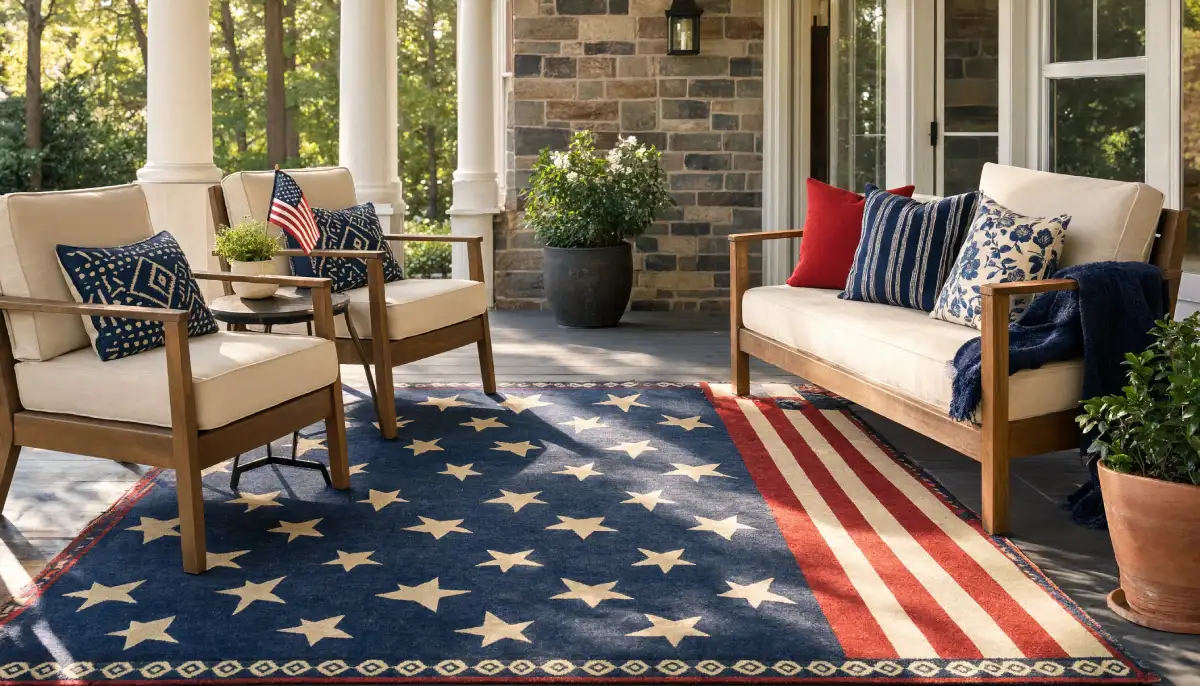 Patriotic front porch seating with american flag outdoor rug wooden furniture and red white blue accent pillows