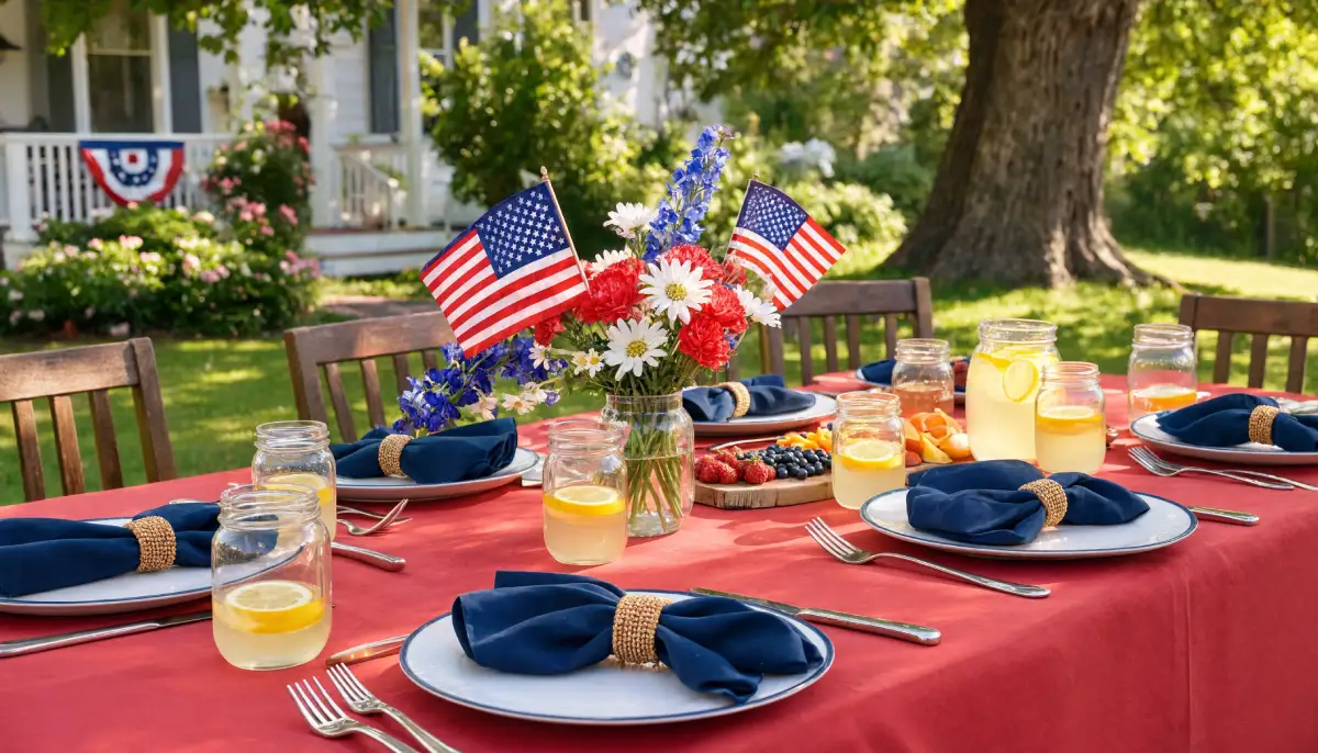 Patriotic outdoor table setup with red tablecloth navy napkins american flag centerpiece and lemonade mason jars
