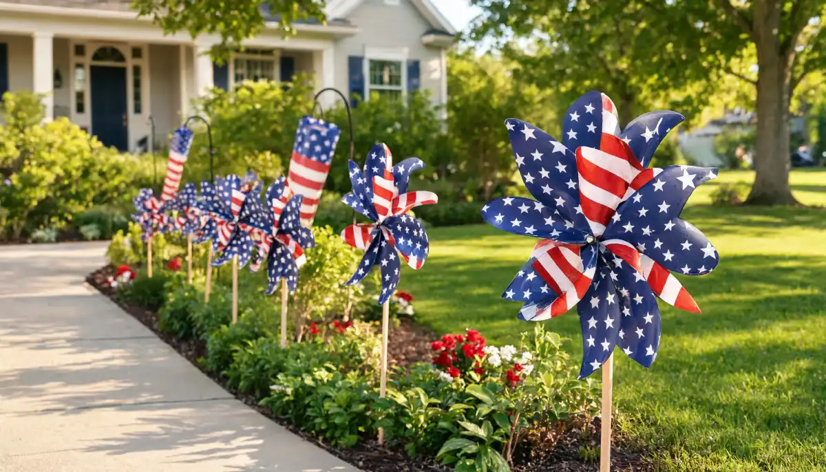 Colorful patriotic pinwheels and flag-themed windsocks decorate a landscaped front yard pathway.