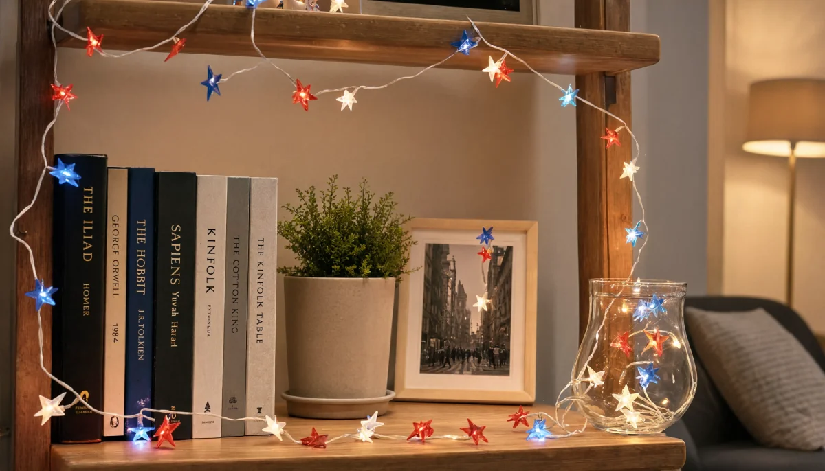 Red white and blue star lights draped on wooden bookshelf with books and plant centerpiece 