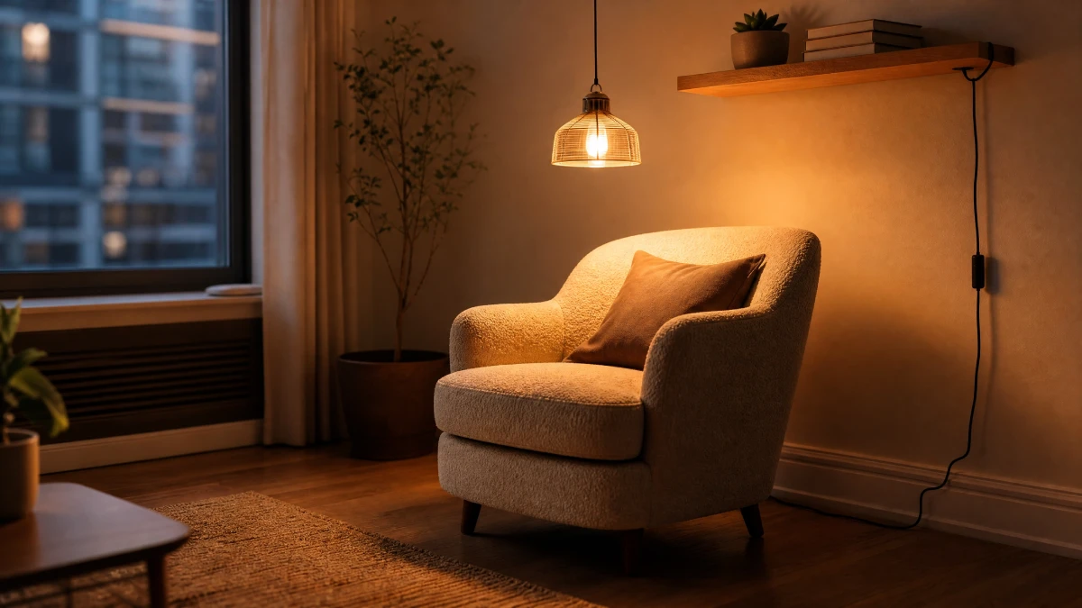 Easy DIY Living Room Decor Ideas for Studio Apartments - DIY Projects - Homedecortoday Plug-in pendant lamp above an armchair in a small US studio apartment living room