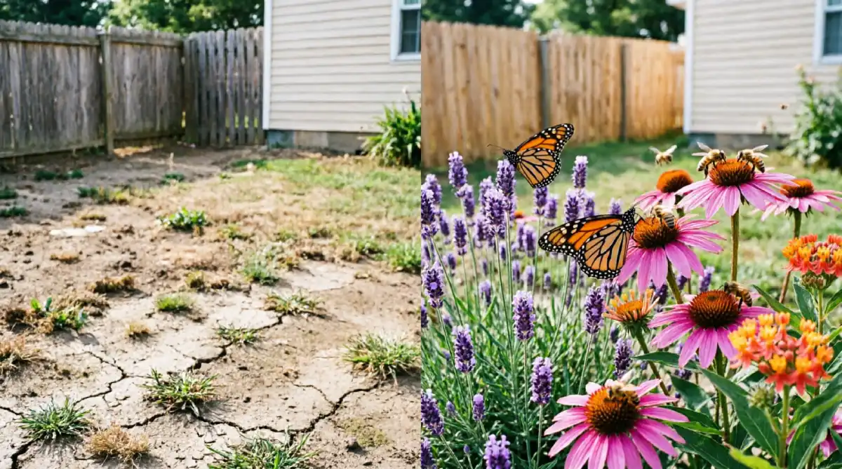 Before and after backyard transformation showing cracked bare soil and patchy grass converted to pollinator garden with purple lavender, pink coneflowers, orange milkweed, visiting monarch butterflies and honeybees