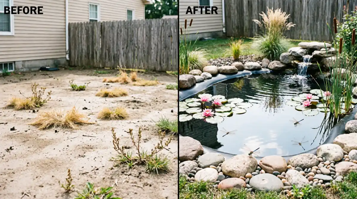 Before and after backyard corner showing bare sandy soil with dead grass transformed into pre-formed pond with black liner, pink water lilies, dragonflies, river rock edging, stacked stone waterfall, cattails, and ornamental grasses
