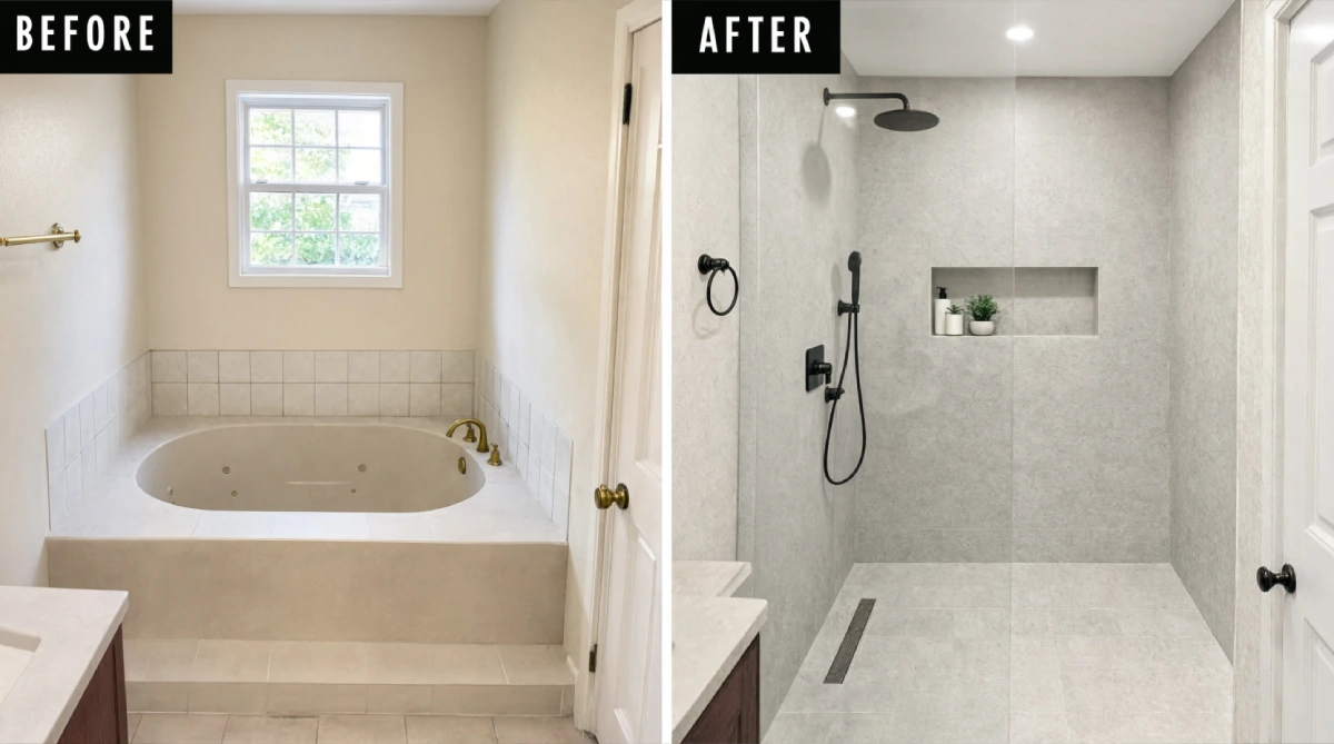 1990s raised oval jetted tub with brass fixtures and beige tile deck converted to modern curbless walk-in shower featuring floor-to-ceiling large format light gray tile matte black rain shower system recessed niche and linear drain