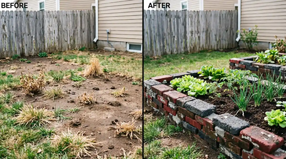 Before and after backyard showing undefined bare soil with patchy grass transformed into vegetable garden beds bordered by dry-stacked reclaimed red bricks and cinder blocks with lettuce, tomato, and onion plantings