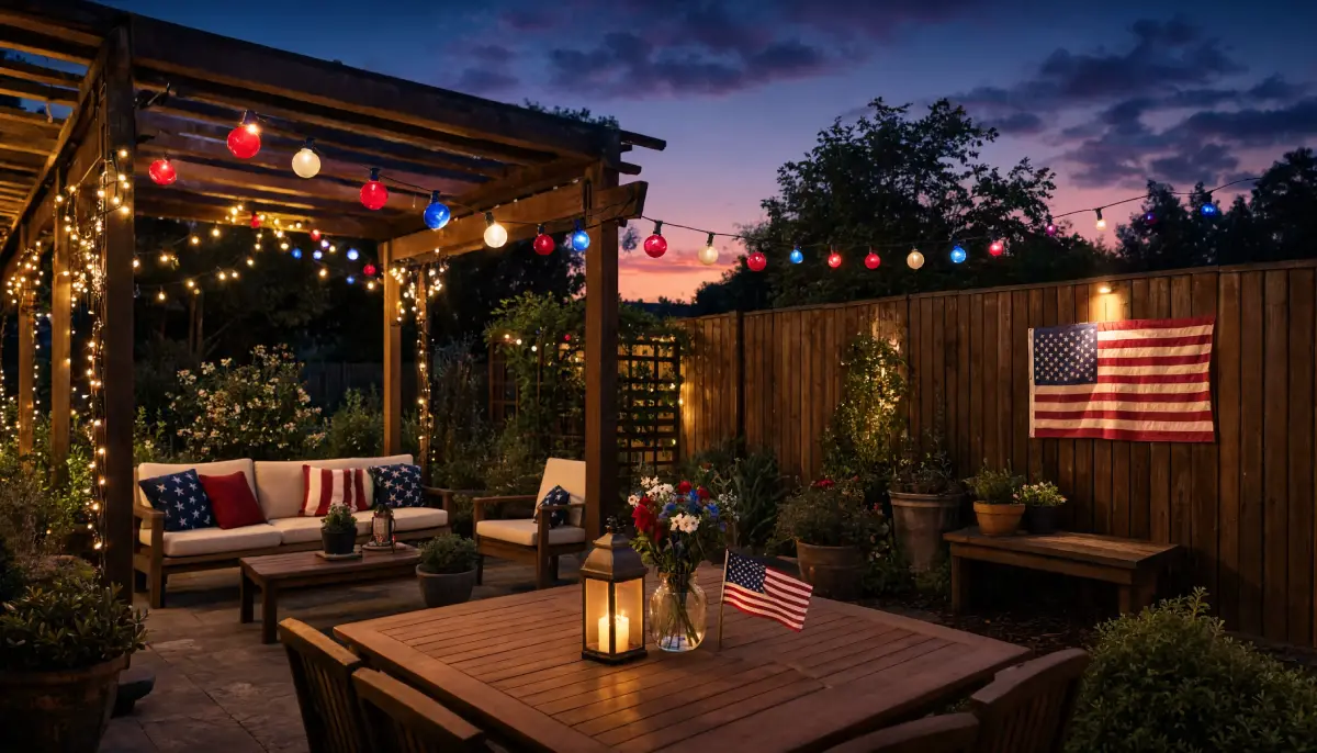Backyard patio illuminated by red white and blue string lights at night.