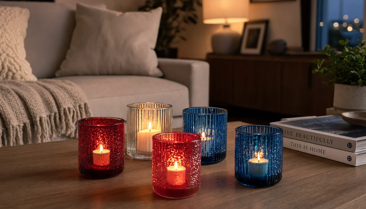 Patriotic red white and blue ribbed glass candle holders with lit tealights on a wooden table.