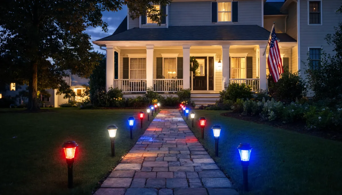Stone walkway lined with red white and blue lantern lights leading to a house at night.