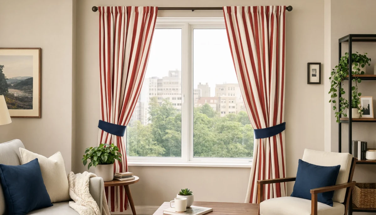 Living room featuring red and white vertical striped curtains with navy blue tiebacks and matching decor.