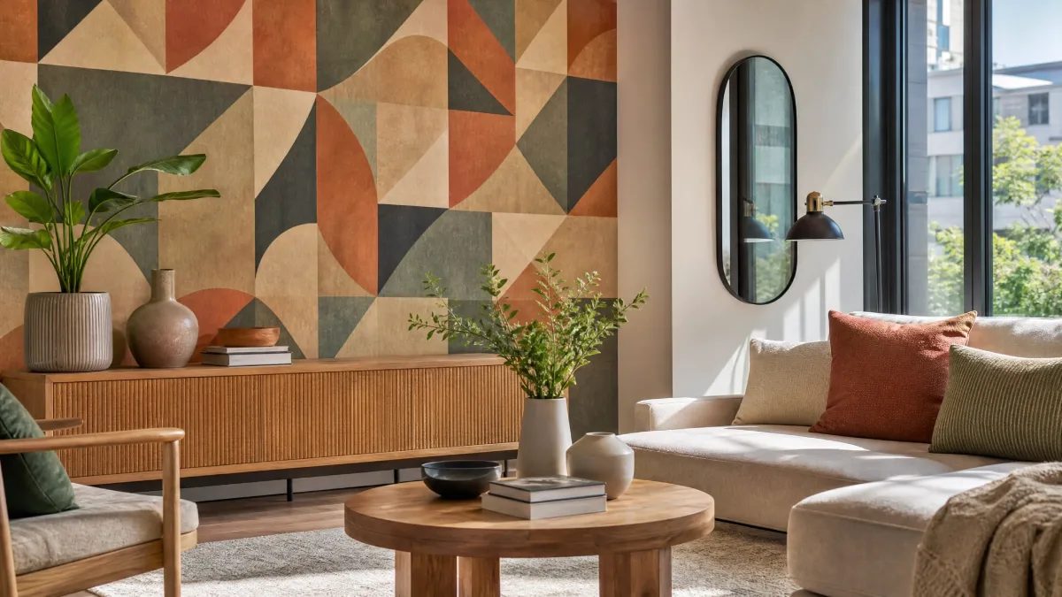 Easy DIY Living Room Decor Ideas for Studio Apartments - DIY Projects - Homedecortoday Removable peel-and-stick wallpaper on a studio apartment accent wall in a US rental unit