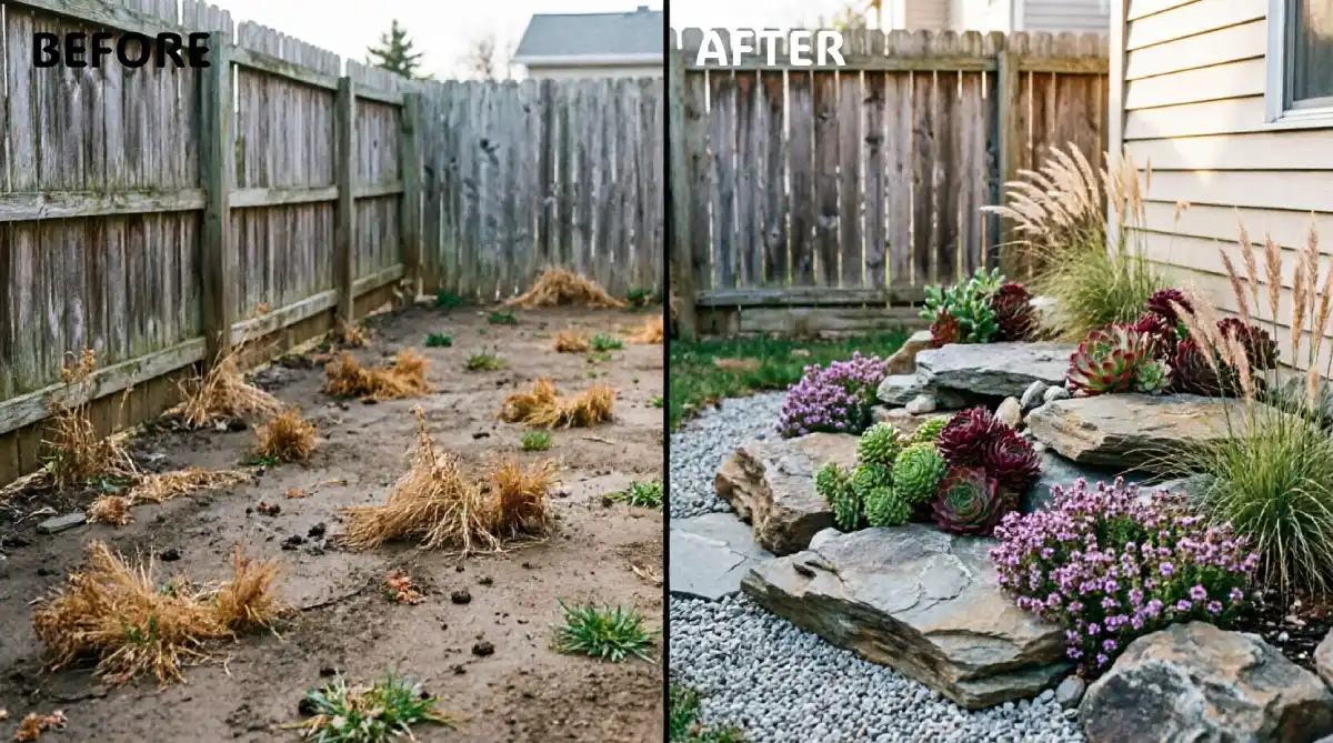 Before and after backyard corner showing bare soil with dead grass clumps transformed into rock garden with fieldstone boulders, green and burgundy sedums, purple creeping thyme, ornamental grasses, and pea gravel