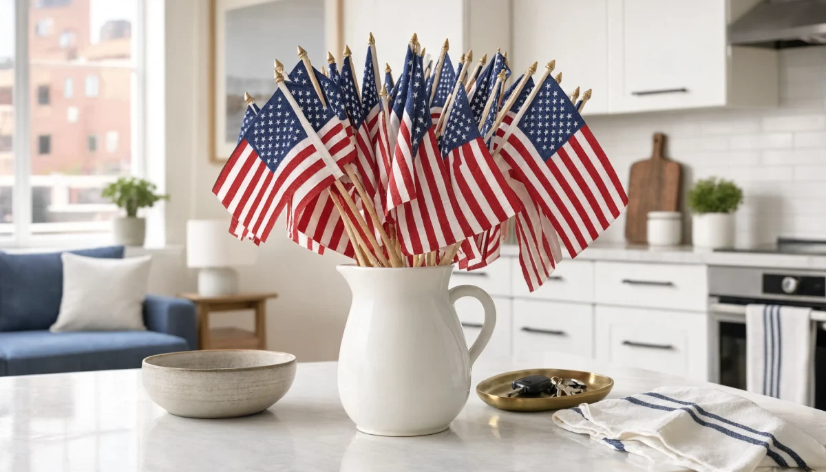 White pitcher filled with small American flags on a kitchen island.