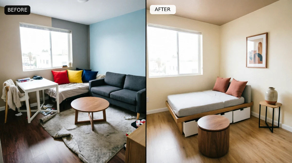 Small apartment before after showing gray blue walls with red yellow blue pillows transformed to warm ivory walls light wood flooring and dusty terracotta accent pillows for expanded visual space