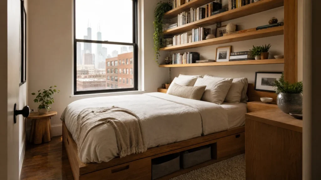 Modern Small Apartment Design Ideas for Chicago's Tight City Spaces - Interior Design - Homedecortoday Small Chicago apartment bedroom with platform bed storage drawers and floor-to-ceiling floating shelves