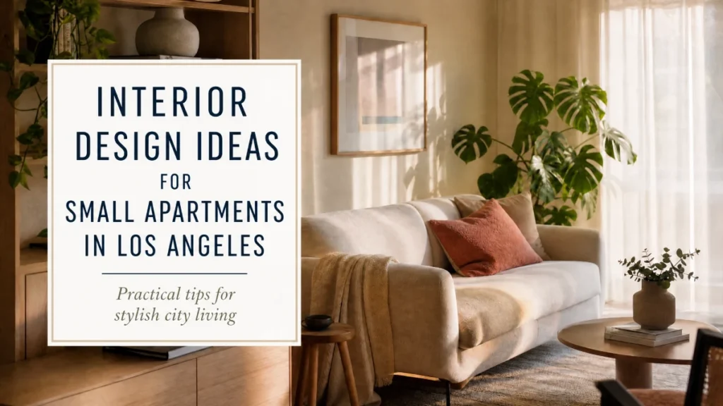 Small Los Angeles apartment living room with cream sofa terracotta pillows natural light sheer curtains monstera plant wooden coffee table and shelving featuring warm neutral color palette text overlay interior design ideas for small apartments in Los Angeles practical tips for stylish city living