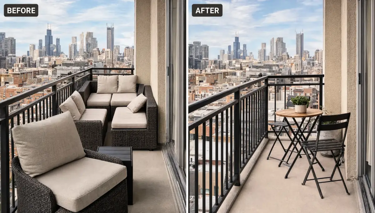 High rise condo balcony before and after changing bulky brown wicker sectional furniture to a space saving wooden folding bistro set with black metal frames overlooking the Chicago skyline.