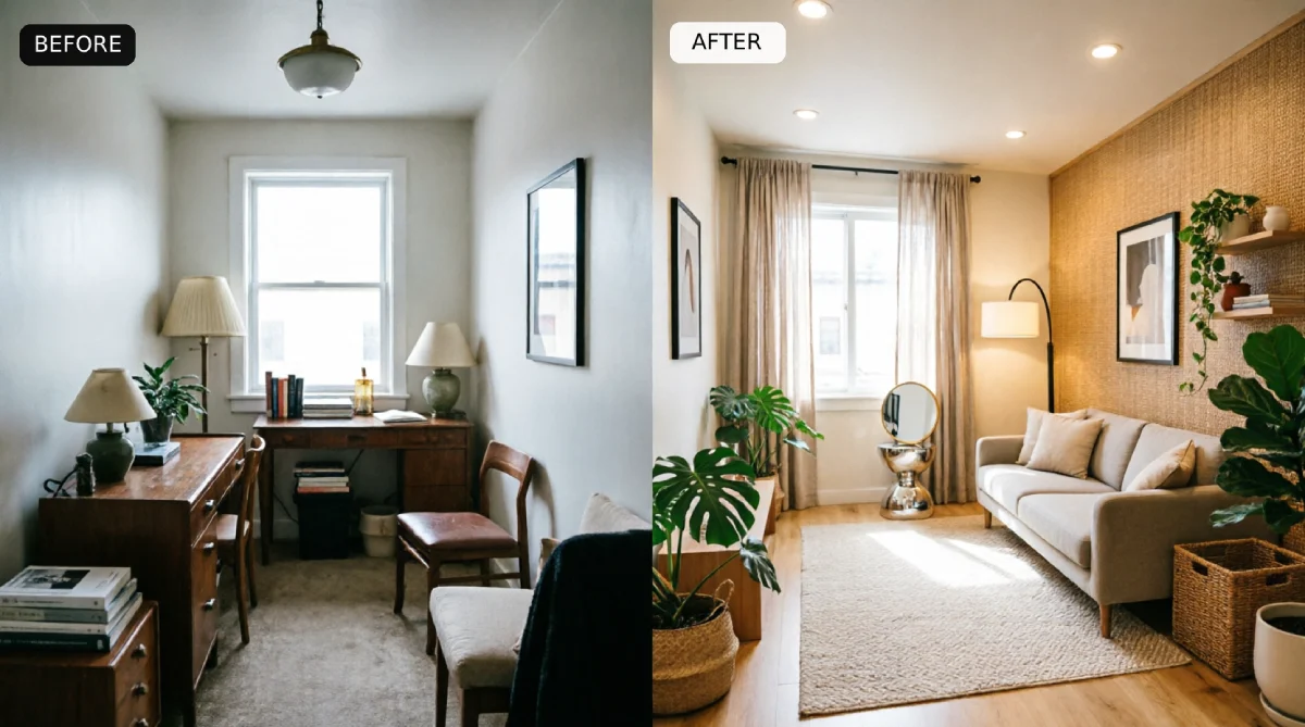 Small Los Angeles apartment before and after showing choppy pre-1980s layout converted to open living space with grasscloth accent wall, freestanding furniture, layered lighting, and north-facing window treatment for rental-friendly design