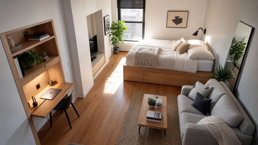 Studio apartment furniture layout in a New York rental with zoned living and sleeping areas
