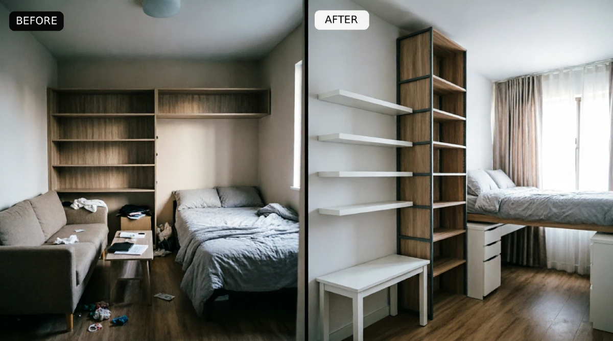 Studio apartment before after transformation showing floor-to-ceiling bookshelf room divider, floating shelves, and lofted bed with desk underneath maximizing vertical storage in 600 square feet