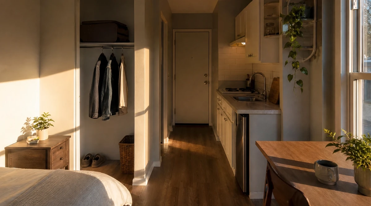 25 Budget DIY Furniture Ideas for Small Apartments in Texas - DIY Projects - Homedecortoday Small Texas apartment interior showing limited storage, tight kitchen space, and strong afternoon sunlight through west-facing window
