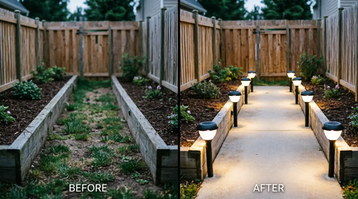 Before and after backyard pathway at dusk showing dark undefined walkway between raised beds transformed with black solar stake lights providing warm LED illumination along concrete path without electrical wiring