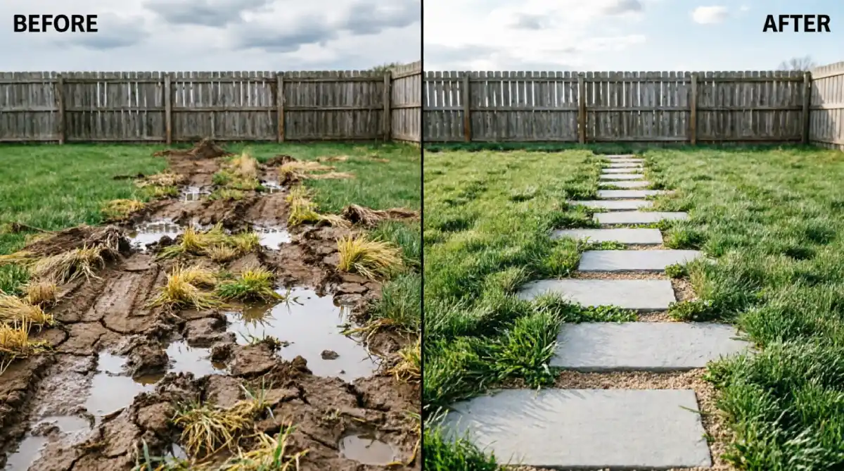 Before and after backyard lawn showing muddy wear path with standing water and bare soil replaced with gray natural stone stepping stones set in sand base creating defined walkway through green grass
