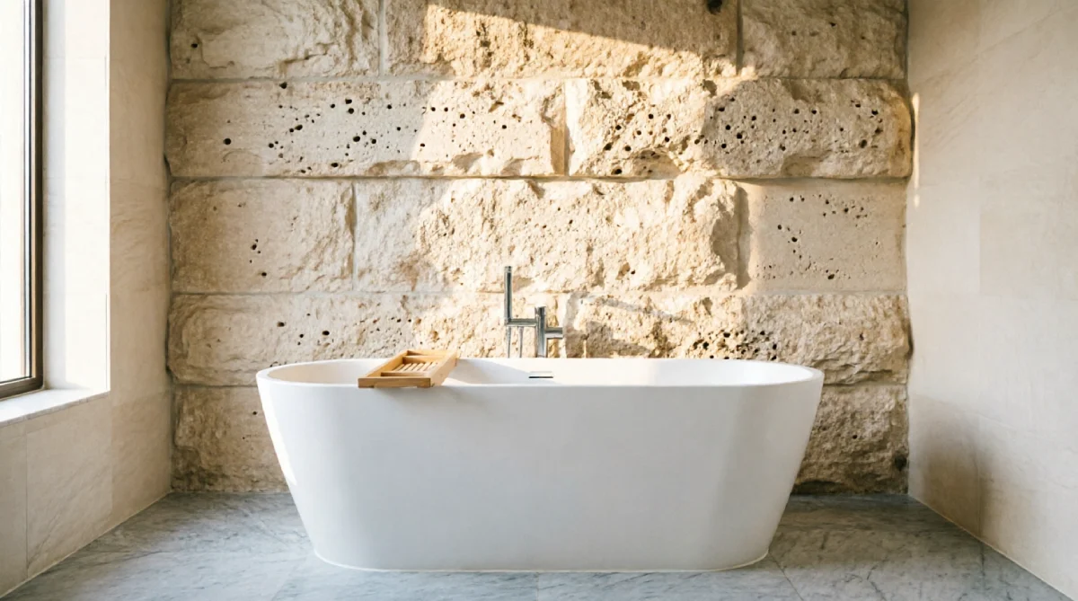 A natural stone accent wall creating a cool, textural backdrop in a summer spa bathroom