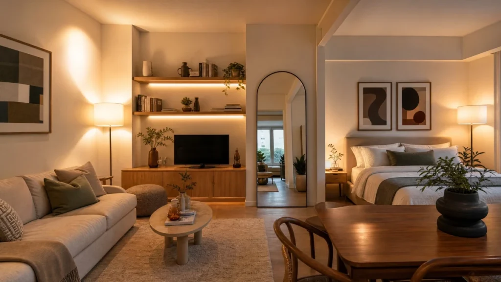NYC studio apartment with layered lighting including floor lamps, accent lights, and a mirror reflecting natural light