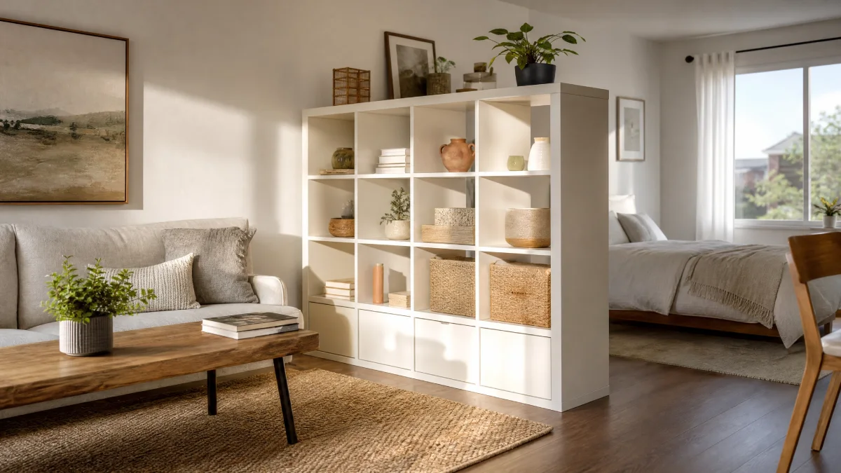 Easy DIY Living Room Decor Ideas for Studio Apartments - DIY Projects - Homedecortoday Studio apartment living room with DIY bookshelf room divider separating sleeping and living zones
