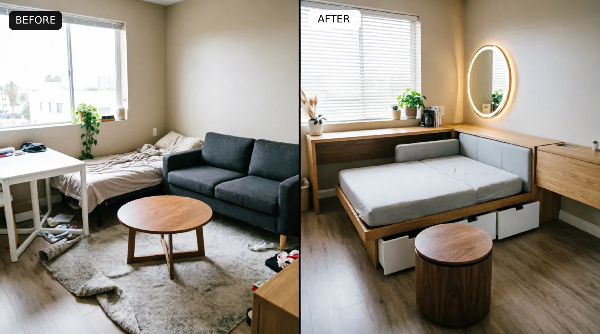550 square foot studio apartment before after showing cluttered single-purpose furniture replaced with sofa bed storage drawers wall-mounted desk vanity combo and storage ottoman maximizing functionality