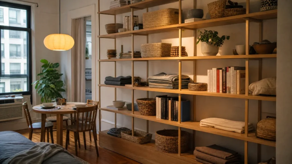 Floor-to-ceiling shelving storage in a NYC studio apartment maximizing vertical wall space