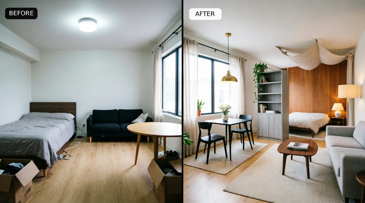 Studio apartment before after showing undifferentiated layout with bed sofa table no rugs single overhead light transformed to defined zones using three area rugs bookshelf room divider brass pendant dining light fabric canopy over bed wood accent wall